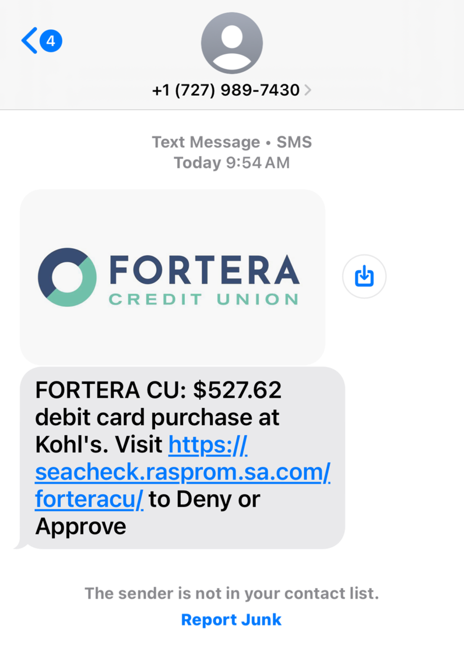 Fraudulent Text Message Example